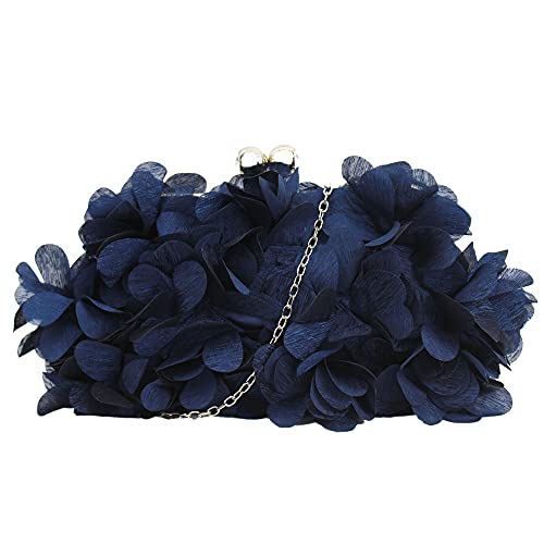 MEGAUK Damen Elegante Handtasche Blumen Clutch Seide Abendtasche Henkeltasche Crossbody Bag mit Kette Kisslock Design, Blau von MEGAUK