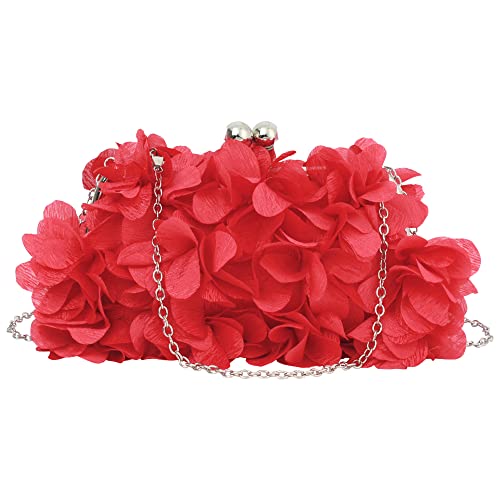 MEGAUK Damen Elegante Handtasche Blumen Clutch Seide Abendtasche Henkeltasche Crossbody Bag mit Kette Kisslock Design, Rot von MEGAUK