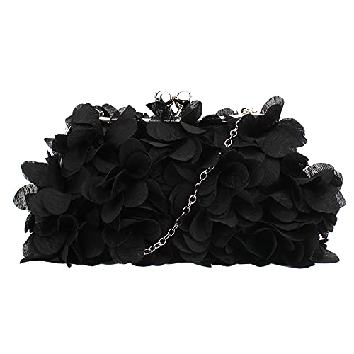 MEGAUK Damen Elegante Handtasche Blumen Clutch Seide Abendtasche Henkeltasche Crossbody Bag mit Kette Kisslock Design, Schwarz von MEGAUK