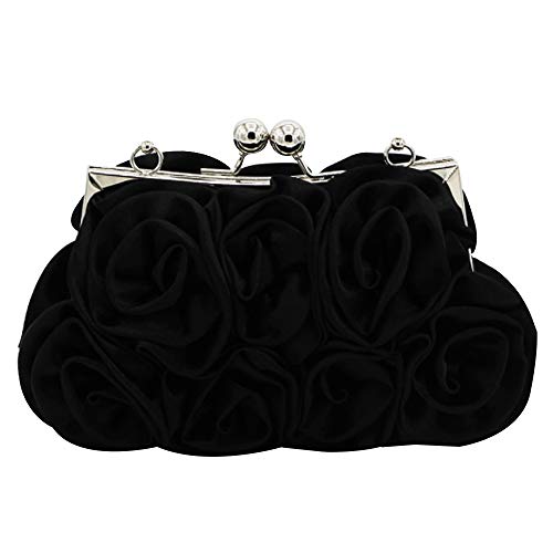 MEGAUK Damen Elegante Handtasche Blumen Clutch Seide Abendtasche Henkeltasche Crossbody Bag mit Kette Kisslock Design (Schwarz) von MEGAUK