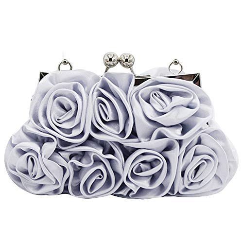 MEGAUK Damen Elegante Handtasche Blumen Clutch Seide Abendtasche Henkeltasche Crossbody Bag mit Kette Kisslock Design (Silber) von MEGAUK