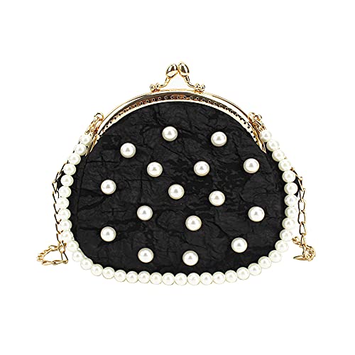 MEGAUK Damen Elegante Perlen Handtasche Muscheln Satin Clutch Abendtasche Henkeltasche Crossbody Bag mit Perlen Metall Gurt Kisslock Design, Schwarz von MEGAUK