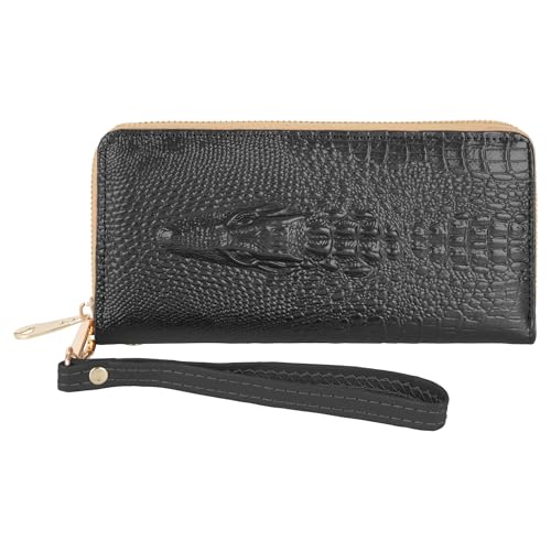 MEGAUK Damen Geldbörse Krokodilprägung Leder Reißverschluss Rundum Geldbörse mit Handschlaufe Herren Geldbörse Große Kapazität Krokodil Kreditkartenhalter Clutch Wristlet Taschen, Schwarz , modisch von MEGAUK