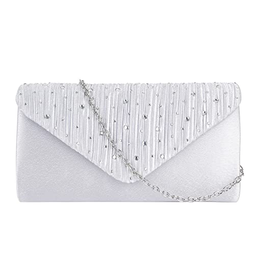 MEGAUK Damen Glitzer Clutch Satin Strass Unterarmtasche mit Abnehmbare Kette für Hochzeit Wedding Ball Bankett Prom Party (06772 Silber) von MEGAUK