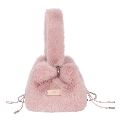 MEGAUK Damen Herbst Winter Beuteltasche Bucket Bag Flauschig Umhängetasche Plüsch Schultertasche Kunstpelz Handtasche mit Kordelzug für Mädchen (Pink) von MEGAUK