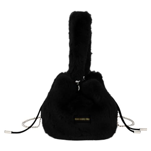 MEGAUK Damen Herbst Winter Beuteltasche Bucket Bag Flauschig Umhängetasche Plüsch Schultertasche Kunstpelz Handtasche mit Kordelzug für Mädchen (Schwarz) von MEGAUK