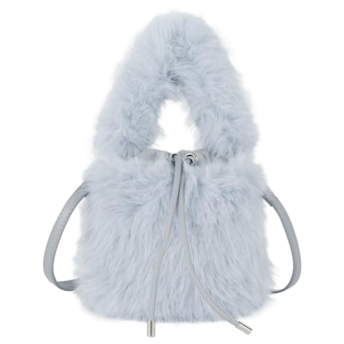 MEGAUK Damen Herbst Winter Beuteltasche Bucket Bag Kunstpelz Handtasche Flauschig Umhängetasche Plüsch Schultertasche mit Kordelzug für Mädchen (Blau) von MEGAUK