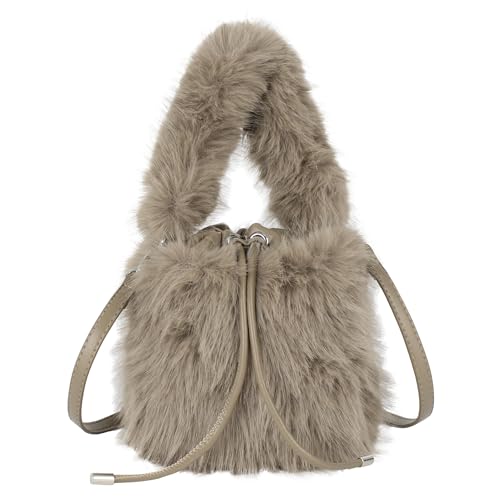 MEGAUK Damen Herbst Winter Beuteltasche Bucket Bag Kunstpelz Handtasche Flauschig Umhängetasche Plüsch Schultertasche mit Kordelzug für Mädchen (Khaki) von MEGAUK