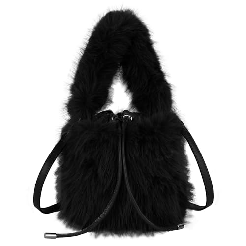 MEGAUK Damen Herbst Winter Beuteltasche Bucket Bag Kunstpelz Handtasche Flauschig Umhängetasche Plüsch Schultertasche mit Kordelzug für Mädchen (Schwarz) von MEGAUK