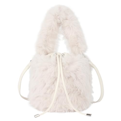 MEGAUK Damen Herbst Winter Beuteltasche Bucket Bag Kunstpelz Handtasche Flauschig Umhängetasche Plüsch Schultertasche mit Kordelzug für Mädchen (Weiß) von MEGAUK