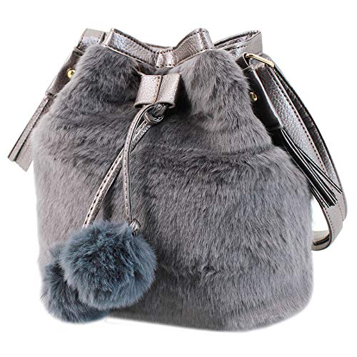 MEGAUK Damen Herbst Winter Bucket Bag Beuteltasche Kunstpelz Handtasche Flauschig Umhängetasche Plüsch Schultertasche mit Kordelzug Grau von MEGAUK