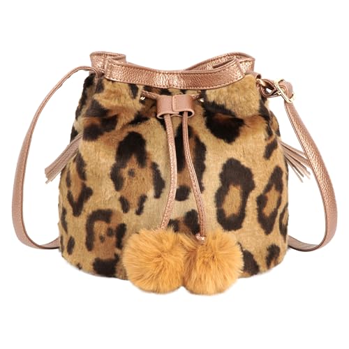MEGAUK Damen Herbst Winter Bucket Bag Beuteltasche Kunstpelz Handtasche Flauschig Umhängetasche Plüsch Schultertasche mit Kordelzug Leopard Muster Braun von MEGAUK