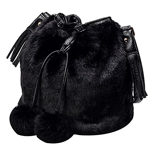 MEGAUK Damen Herbst Winter Bucket Bag Beuteltasche Kunstpelz Handtasche Flauschig Umhängetasche Plüsch Schultertasche mit Kordelzug Schwarz von MEGAUK