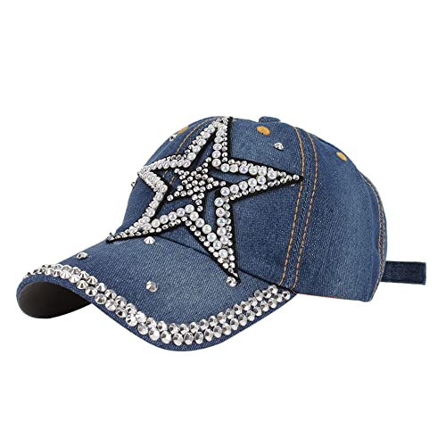 MEGAUK Damen Jeans Baseball Cap Denim Baseballkappe Washed Cotton Used Look Basecap Verstellbare Vintage Basecap Nieten Punk Kappe Für Großen Kopf (07080 Stern 56-58cm) von MEGAUK