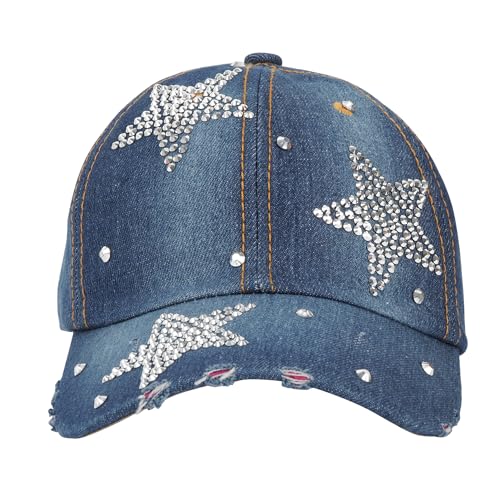 MEGAUK Damen Jeans Baseball Cap Denim Baseballkappe Washed Cotton Used Look Basecap Verstellbare Vintage Basecap Nieten Punk Kappe Für Großen Kopf (08155 Sterne 56-62cm) von MEGAUK