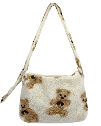 MEGAUK Damen Mädchen Flauschige Handtasche Süße Bär Schultertasche Plüsch Umhängetasche Winter Kuschelige Beuteltasche von MEGAUK