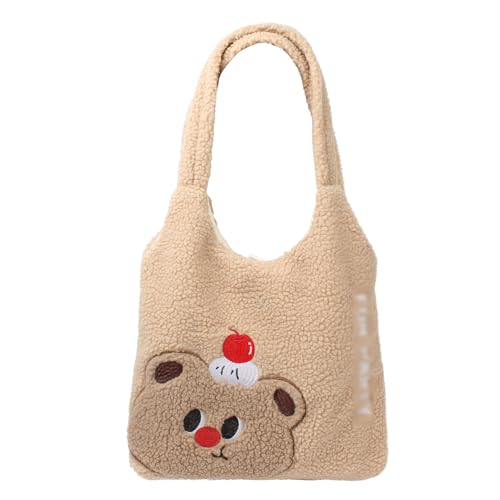 MEGAUK Damen Plüsch Umhängetasche Große Kapazität Cartoon Bär Stickerei Shopper Schultertasche Tote Bag für Uni Arbeit Mädchen Schule (07887 Khaki) von MEGAUK