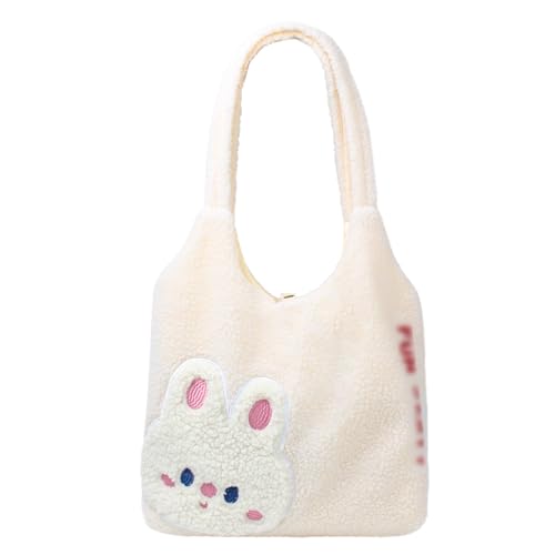 MEGAUK Damen Plüsch Umhängetasche Große Kapazität Cartoon Bär Stickerei Shopper Schultertasche Tote Bag für Uni Arbeit Mädchen Schule (07887 Weiß) von MEGAUK