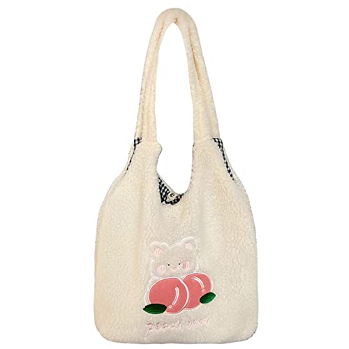 MEGAUK Damen Plüsch Umhängetasche Große Kapazität Cartoon Bär Stickerei Shopper Schultertasche Tote Bag für Uni Arbeit Mädchen Schule von MEGAUK