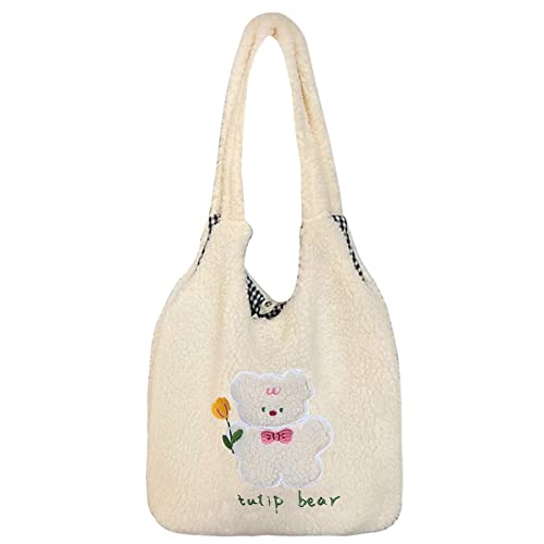 MEGAUK Damen Plüsch Umhängetasche Große Kapazität Cartoon Bär Stickerei Shopper Schultertasche Tote Bag für Uni Arbeit Mädchen Schule von MEGAUK