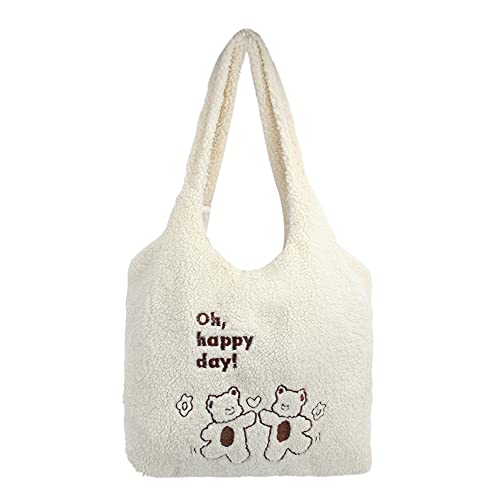 MEGAUK Damen Plüsch Umhängetasche Große Kapazität Cartoon Bär Stickerei Shopper Schultertasche Tote Bag für Uni Arbeit Mädchen Schule von MEGAUK