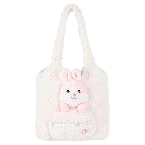 MEGAUK Damen Plüsch Umhängetasche Große Kapazität Cartoon Hase Shopper Schultertasche Tote Bag für Uni Arbeit Mädchen Schule (07807 Weiß) von MEGAUK