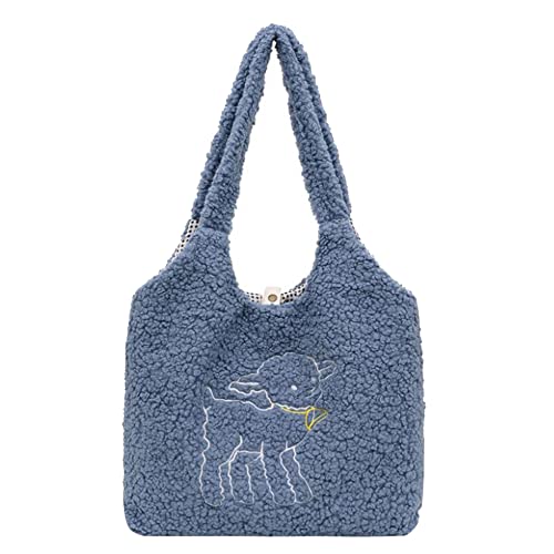 MEGAUK Damen Plüsch Umhängetasche Große Kapazität Cartoon Lamm Shopper Schultertasche Tote Bag für Uni Arbeit Mädchen Schule von MEGAUK