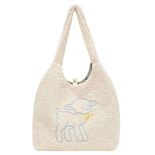 MEGAUK Damen Plüsch Umhängetasche Große Kapazität Cartoon Lamm Shopper Schultertasche Tote Bag für Uni Arbeit Mädchen Schule von MEGAUK