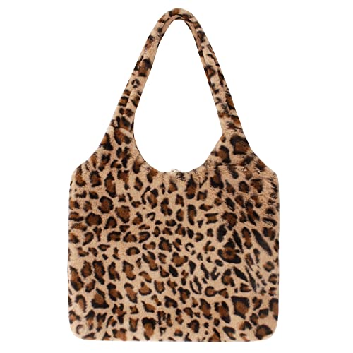 MEGAUK Damen Plüsch Umhängetasche Große Kapazität Leopardenmuster Shopper Schultertasche Tote Bag für Uni Arbeit Mädchen Schule von MEGAUK