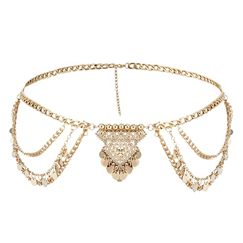 MEGAUK Damen Retro Kettengürtel Münzgürtel Fransen Bauchtanz Gürtel Metall Taillengürtel Hüftgurt 07001 Gold von MEGAUK