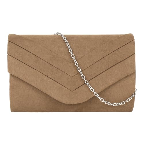 MEGAUK Damen Samt Clutch Elegante Abendtasche Wildleder Handtasche Envelope Tasche Unterarmtasche mit Kette für Hochzeit Wedding Prom Party Braun von MEGAUK