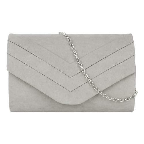 MEGAUK Damen Samt Clutch Elegante Abendtasche Wildleder Handtasche Envelope Tasche Unterarmtasche mit Kette für Hochzeit Wedding Prom Party Grau von MEGAUK