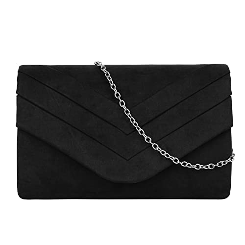 MEGAUK Damen Samt Clutch Elegante Abendtasche Wildleder Handtasche Envelope Tasche Unterarmtasche mit Kette für Hochzeit Wedding Prom Party Schwarz von MEGAUK