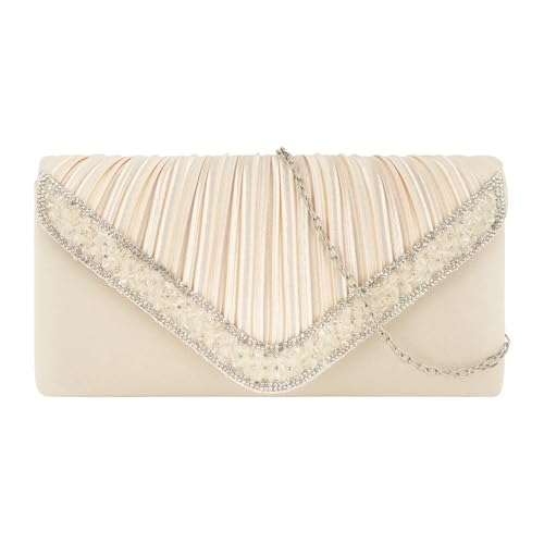 MEGAUK Damen Satin Clutch Glitzer Elegant Abendtasche Glänzend Handtasche Envelope Tasche Strass Unterarmtasche mit Kette für Hochzeit Wedding Prom Party (08735 Beige) von MEGAUK