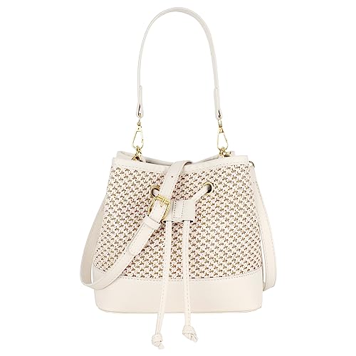 MEGAUK Damen Sommer Strand Beuteltasche Bucket Bag Umhängetasche Handtasche Schultertasche Shopper Henkeltasche mit Kordelzug, Weiß von MEGAUK