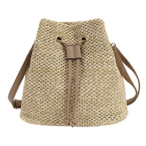 MEGAUK Damen Sommer Strand Beuteltasche Bucket Bag Umhängetasche Handtasche Schultertasche Shopper Henkeltasche mit Kordelzug (06248 Khaki) von MEGAUK