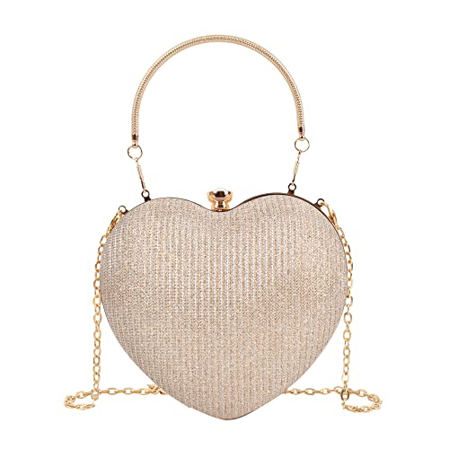 MEGAUK Herz Umhängetasche Heart-Shaped Handtasche Braut Kleid Kleine Abendtasche Elegant Schultertasche Henkel Clutch mit Zusatzkette für Prom Party Hochzeit (07438 Gold) von MEGAUK