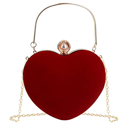 MEGAUK Herz Umhängetasche Heart-Shaped Handtasche Braut Kleid Kleine Abendtasche Elegant Schultertasche Henkel Clutch mit Zusatzkette für Prom Party Hochzeit (Rot) von MEGAUK