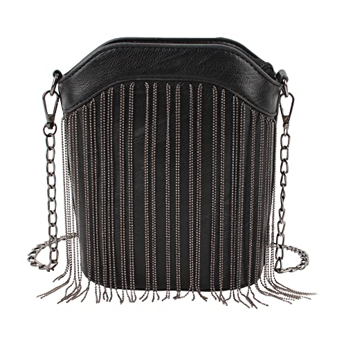 MEGAUK Mini Niet Handtasche Kette Fransen Umhängetasche Cross Body Taschen Elegante Kettentasche Punk Clutch Bag Abendtasche mit Kette Riemen (Schwarz) von MEGAUK