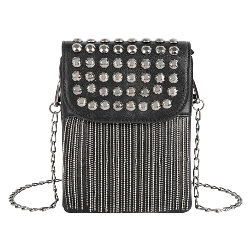 MEGAUK Mini Niet Handtasche Kette Fransen Umhängetasche Cross Body Taschen Elegante Kettentasche Punk Clutch Bag Abendtasche mit Kette Riemen Metall Schultergurt (08274 Schwarz) von MEGAUK