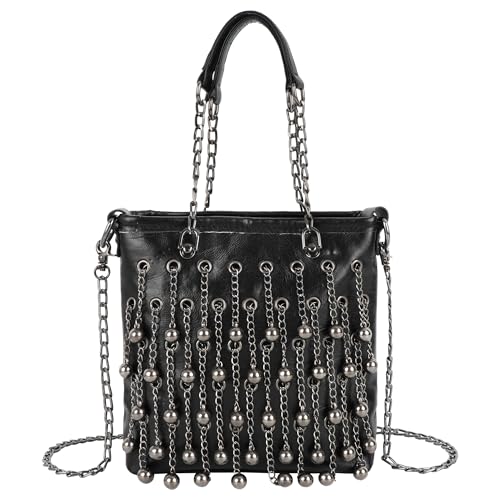 MEGAUK Mini Niet Handtasche Kette Fransen Umhängetasche Cross Body Taschen Elegante Kettentasche Punk Clutch Bag Abendtasche mit Kette Riemen Metall Schultergurt (08340 Schwarz) von MEGAUK