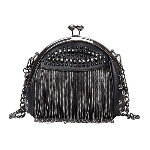 MEGAUK Mini Niet Handtasche Kette Fransen Umhängetasche Cross Body Taschen Elegante Kettentasche Punk Clutch Bag Abendtasche mit Kette Riemen Metall Schultergurt von MEGAUK