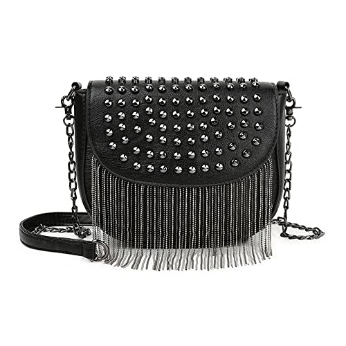 MEGAUK Mini Niet Handtasche Kette Fransen Umhängetasche Cross Body Taschen Elegante Kettentasche Punk Clutch Bag Abendtasche mit Kette Riemen Metall Schultergurt von MEGAUK