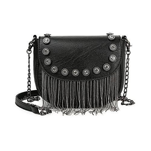 MEGAUK Mini Niet Handtasche Kette Fransen Umhängetasche Cross Body Taschen Elegante Kettentasche Punk Clutch Bag Abendtasche mit Kette Riemen Metall Schultergurt von MEGAUK