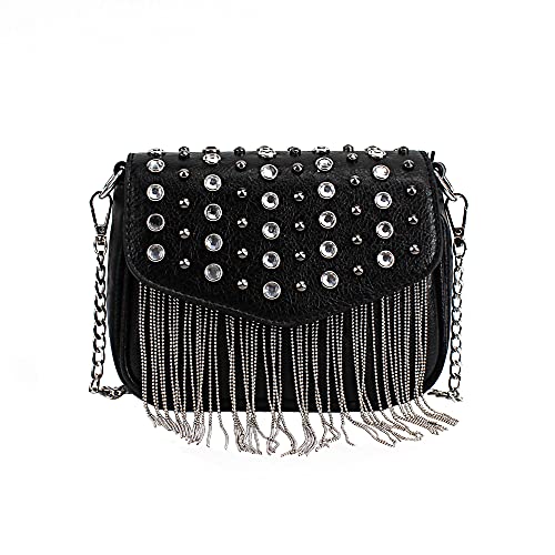 MEGAUK Mini Niet Handtasche Kette Fransen Umhängetasche Cross Body Taschen Elegante Kettentasche Punk Clutch Bag Abendtasche mit Kette Riemen Metall Schultergurt von MEGAUK