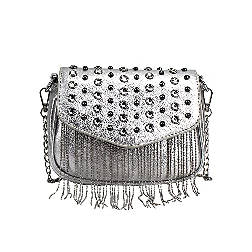 MEGAUK Mini Niet Handtasche Kette Fransen Umhängetasche Cross Body Taschen Elegante Kettentasche Punk Clutch Bag Abendtasche mit Kette Riemen Metall Schultergurt von MEGAUK