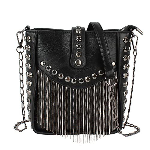 MEGAUK Mini Niet Handtasche Kette Fransen Umhängetasche Cross Body Taschen Elegante Kettentasche Punk Clutch Bag Abendtasche mit Kette Riemen Metall Schultergurt von MEGAUK