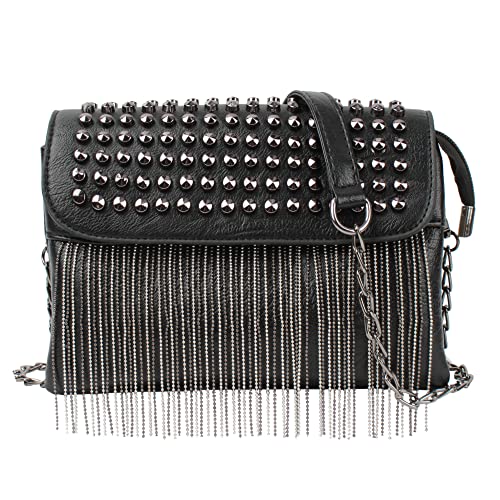 MEGAUK Mini Niet Handtasche Kette Fransen Umhängetasche Cross Body Taschen Elegante Kettentasche Punk Clutch Bag Abendtasche mit Kette Riemen Metall Schultergurt von MEGAUK