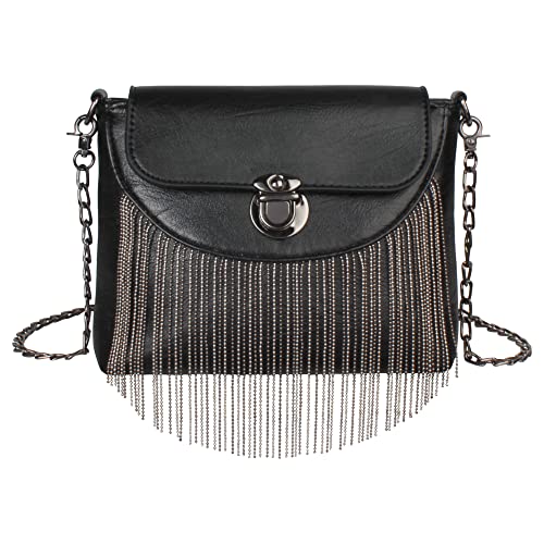 MEGAUK Mini Nieten Handtasche Kette Fransen Umhängetasche Cross Body Taschen Elegante Kettentasche Punk Clutch Bag Abendtasche mit Kette Riemen (Schwarz) von MEGAUK