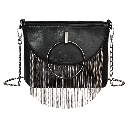 MEGAUK Mini Nieten Handtasche Kette Fransen Umhängetasche Cross Body Taschen Elegante Kettentasche Punk Clutch Bag Abendtasche mit Kette Riemen (Schwarz) von MEGAUK